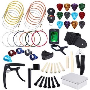 Auihiay 57 Pieces Guitar Strings Accessories Kit Including Acoustic Guitar Strings, Guitar Tuner, Capo, Picks, Guitar String Winder, Cutter, Bone Bridge, Guitar Basic Strap and Storage Box