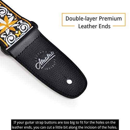 Amumu Hootenanny Embroidery Guitar Strap Yellow Cotton for Acoustic