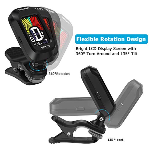 Precision Tuning Anywhere! Clip-On Tuner for Guitar, Bass, Ukulele, Violin, and Viola with Rotational LCD Display