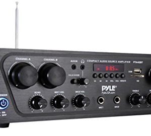 Pyle Wireless Karaoke Bluetooth Stereo Receiver - 4 Channel Power Amplifier w/ USB, Headphone, 2 Microphone Input w/ Echo, Talkover for PA Great for Home Speaker System - PTA42BT