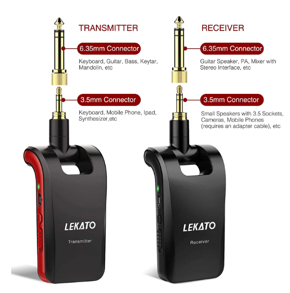 Wireless Guitar Transmitter and Receiver Stereo 2-in-1 Plugs with 6 Channels