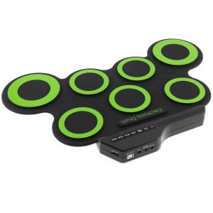 Rock On-the-Go: Portable Electronic Digital USB 7-Pad Roll-Up Silicone Electric Drum Kit with Drumsticks and Foot Pedal - Green.