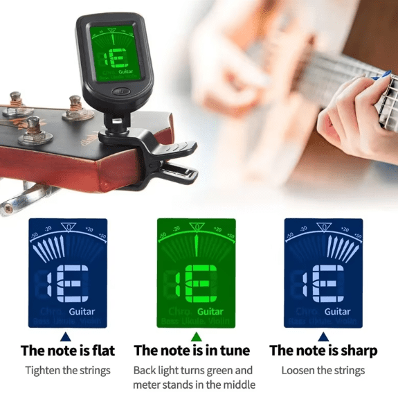 Clip-On LCD Digital Tuner for Bass, Ukulele, Violin, and Banjo – 360° Swivel for Precision Tuning Anywhere