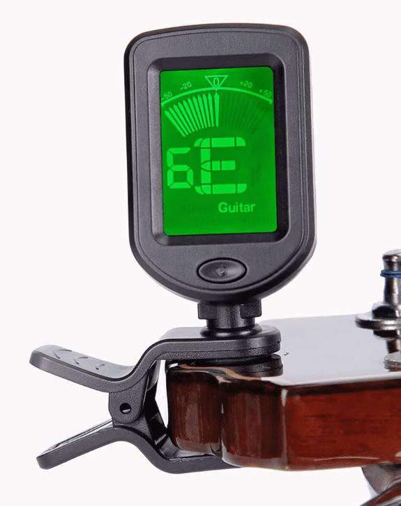 Clip-on electronic tuner with 360° swivel, LCD display, and multiple tuning modes for guitar, bass, ukulele, violin, and other string instruments.