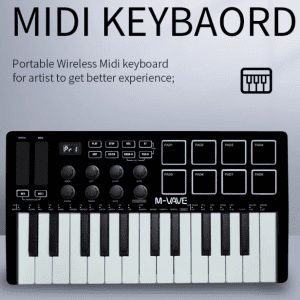 Portable 25-key MIDI controller with RGB back-lit pads, rotary knobs, and wireless connection for professional music production.