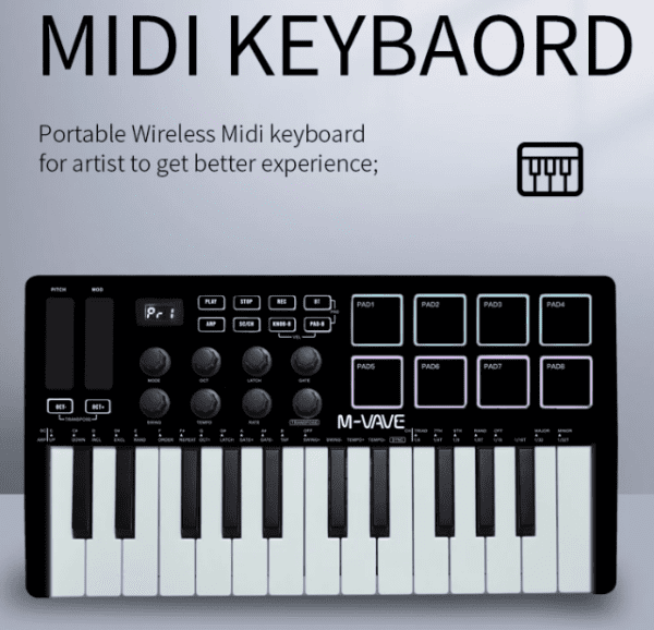 Portable 25-key MIDI controller with RGB back-lit pads, rotary knobs, and wireless connection for professional music production.