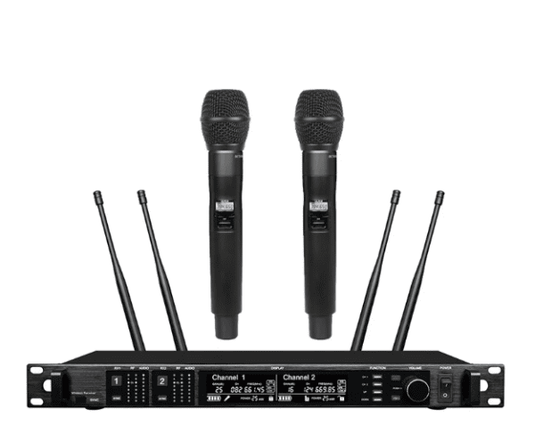 Professional Digital Wireless Microphone System with dual-channel receiver, Beta87A capsule, and multiple frequency bands, ideal for clear and reliable audio performance.
