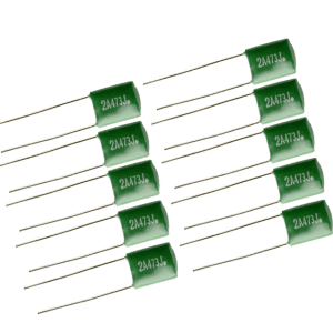 10-pack of 0.047μF Polyester Film Capacitors in green for enhancing electric guitar and bass tone.