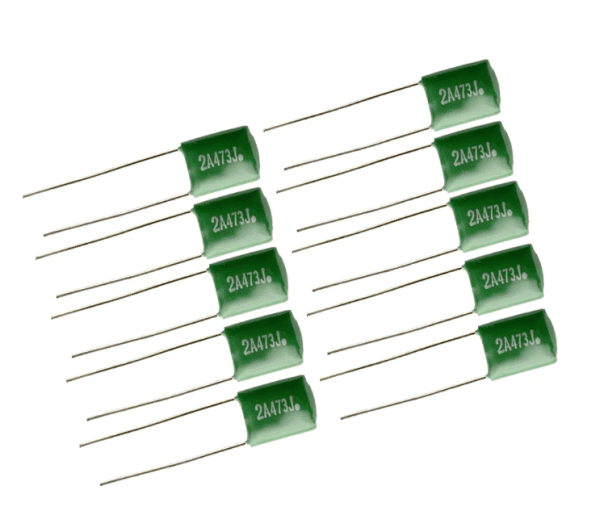 10-pack of 0.047μF Polyester Film Capacitors in green for enhancing electric guitar and bass tone.