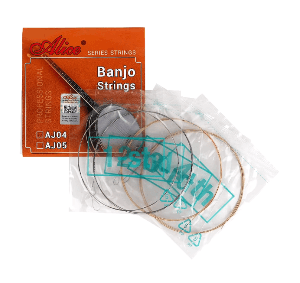 High-quality Alice AJ04/AJ05 banjo strings featuring plated steel and copper alloy winding with anti-rust coating, ideal for enhancing sound in 4-string and 5-string banjos. 
