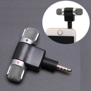 Compact mini stereo microphone with a 3.5mm jack, ideal for recording on smartphones and portable audio capturing.
