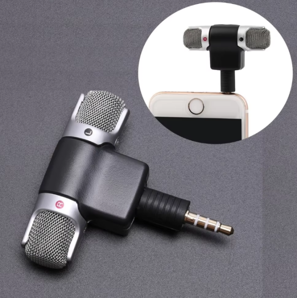 Compact mini stereo microphone with a 3.5mm jack, ideal for recording on smartphones and portable audio capturing.