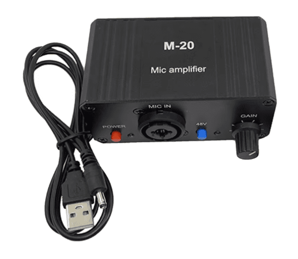 Compact black microphone amplifier with 48V phantom power and extended battery life, perfect for live sound and studio recording.