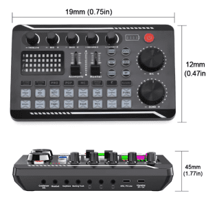 "F998 multi-functional live sound card with voice changer, colorful LED lighting, and built-in battery for professional streaming.