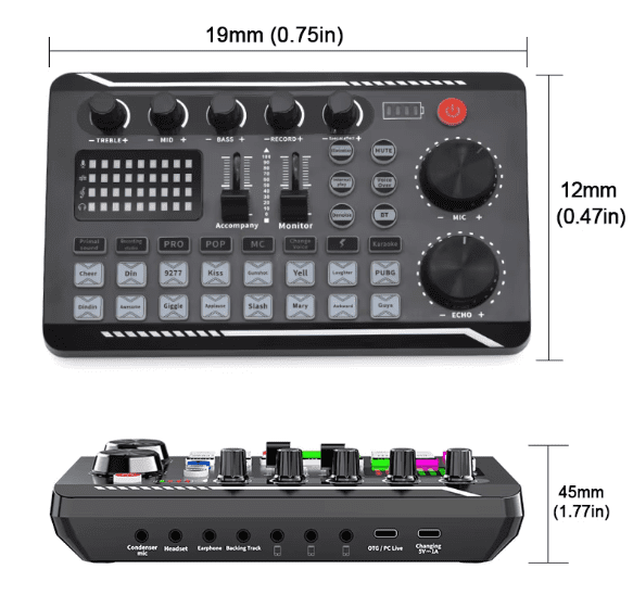 "F998 multi-functional live sound card with voice changer, colorful LED lighting, and built-in battery for professional streaming.