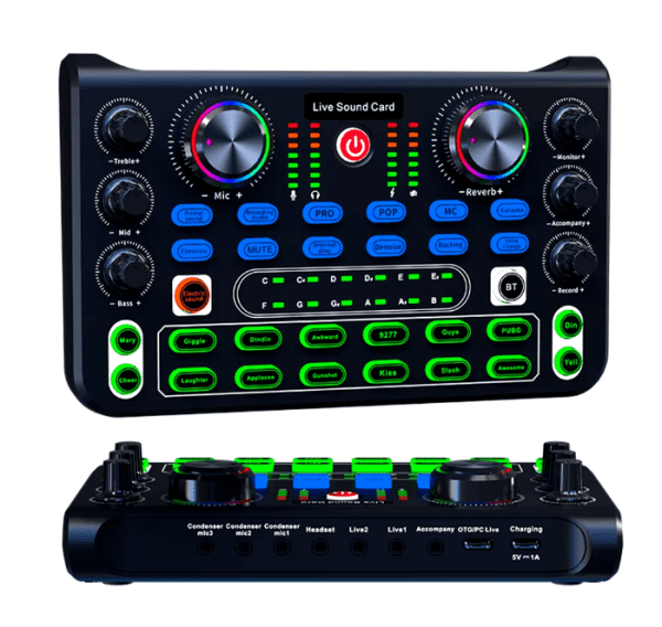 HD X60 Sound Card with adjustable pitch, built-in battery, and multi-platform streaming for professional audio setups.
