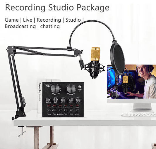 BM-800 Podcast Equipment Bundle with condenser microphone, scissor arm, and sound card, perfect for podcasting, live streaming, and music recording