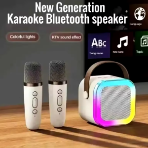 Portable Bluetooth karaoke machine with colorful RGB lights and wireless microphone, perfect for kids and family gatherings.