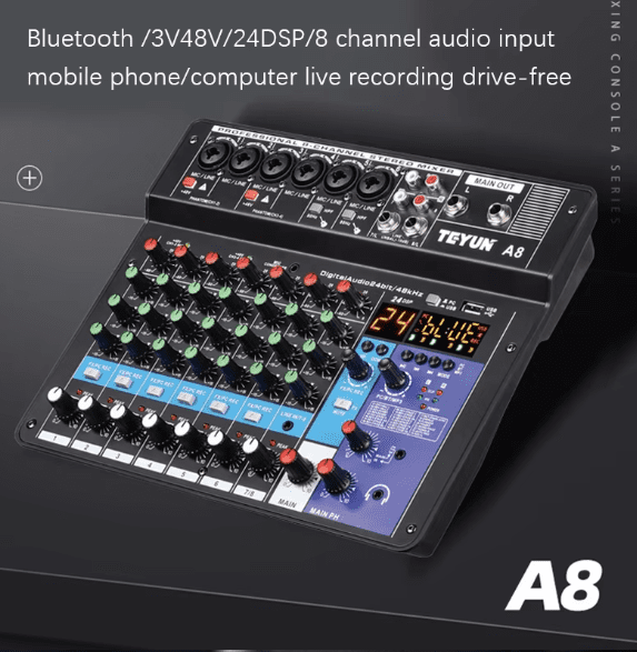 Portable A8 Digital Mixer with 8-channel input, built-in sound card, and Bluetooth 5.0 connectivity for live broadcasts and recording.