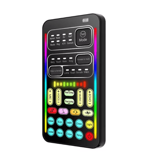 Ultra-thin black sound card with Bluetooth and multiple voice-changing effects, perfect for live streaming and podcasts.