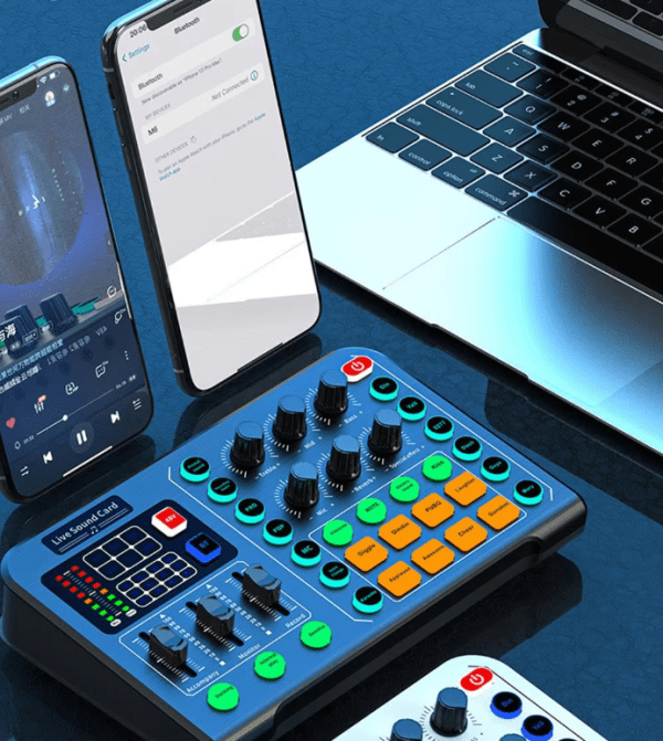 Portable Live Sound Card with Bluetooth 5.0, DSP chip, and multi-functional sound effects, ideal for live streaming and karaoke performances.
